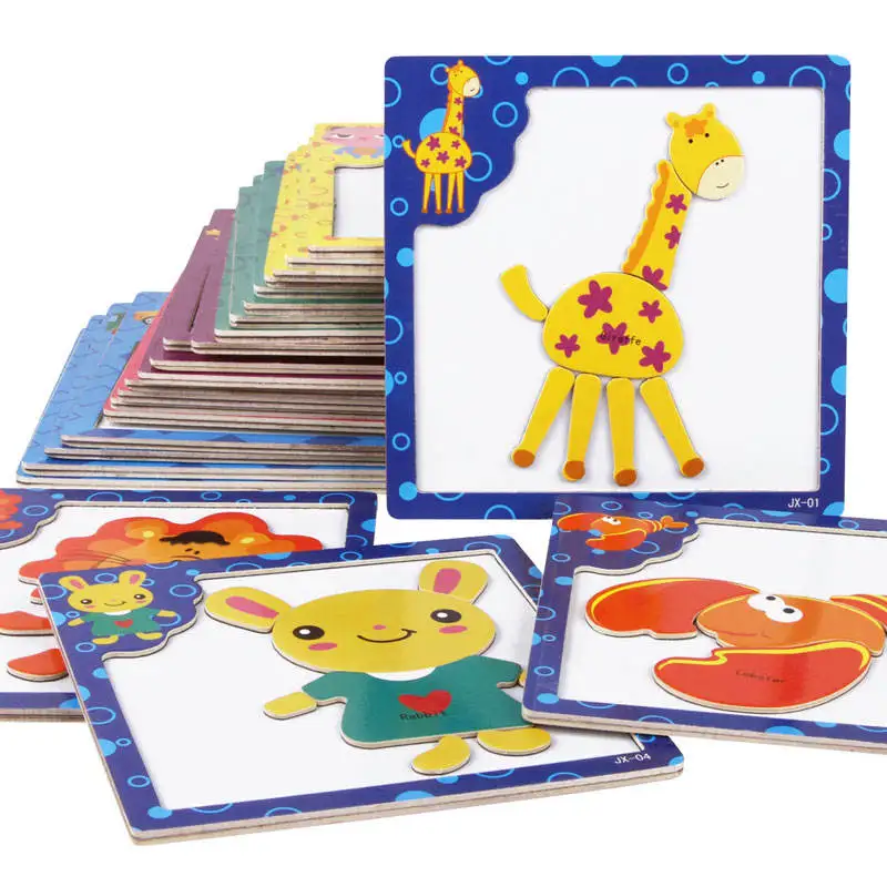Factory price early educational toy custom children cartoon animal paper jigsaw wooden 3d puzzle for kid
