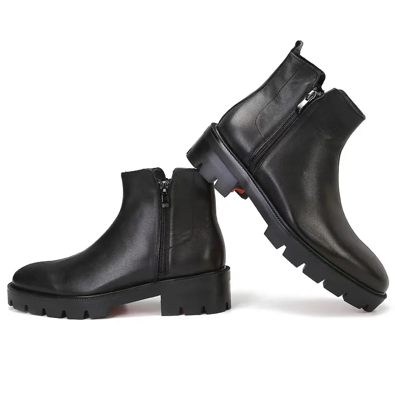 PDEP  hand made luxury black genuine leather men ankle boots with zipper non slip rubber sole red bottom men formal dress shoes