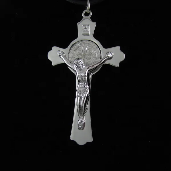 High Quality Religious Saint Benedict Crucifix Cross with Leather Cord Necklace