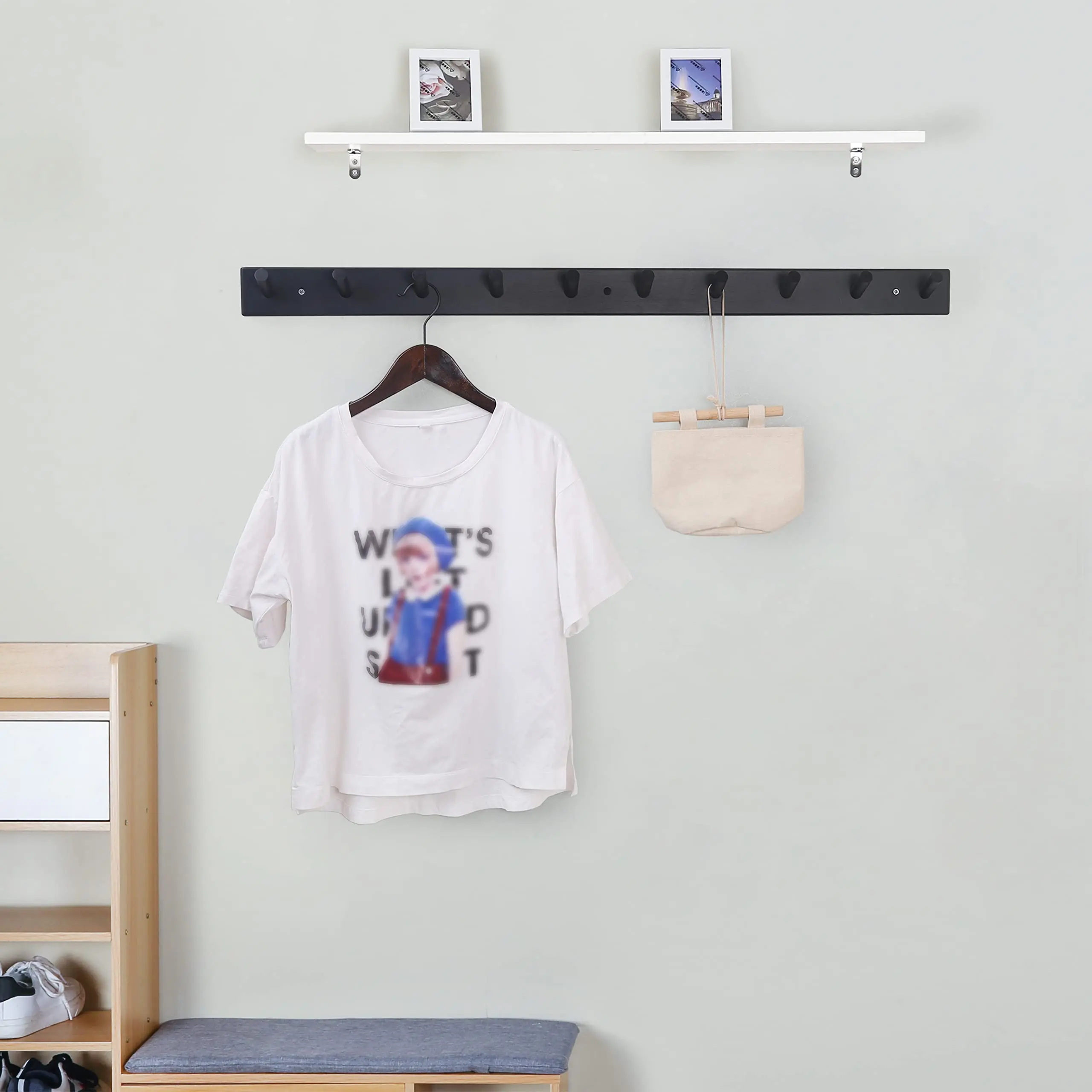 Wood Coat Rack Wall Mounted,10 Peg Long Bamboo Hook for Hanging Backpack Coat Towel Hat