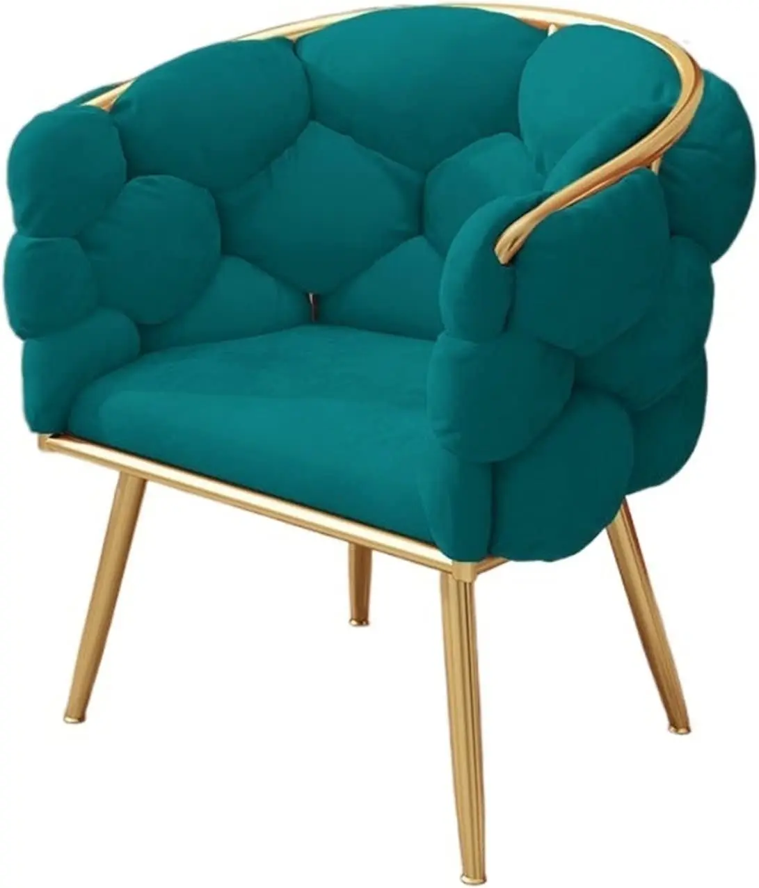 Luxury leisure armrest Turquoise woven fabric dining chair with golden metal frame