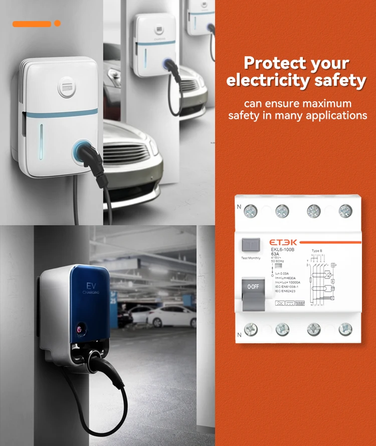 ETEK  EKL6-100B Type 2P 1P+N 3P+N 4P 25A 40A 63A 100A 30MA 300mA B Type RCCB RCD