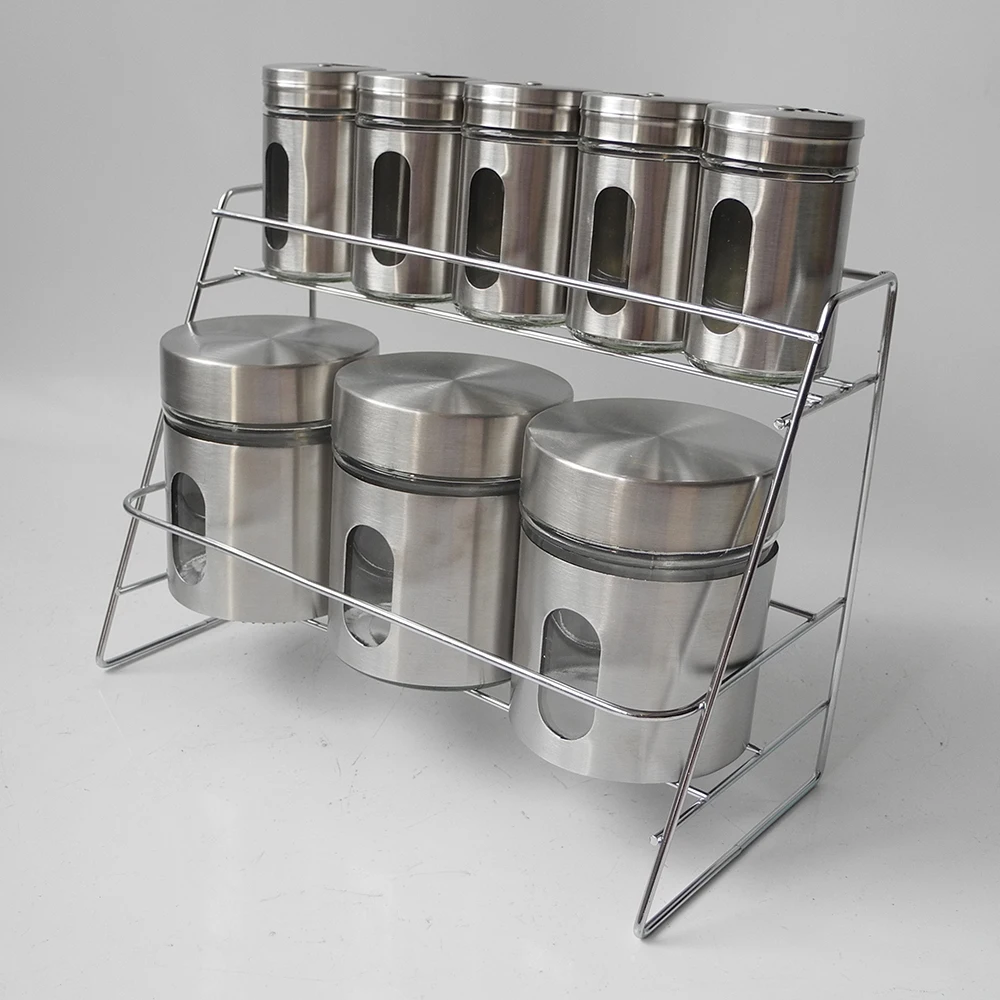 set of 8 Hot Sale Empty Stainless Steel Spice Jar Set Powder Containers Pepper Salt Bottles Set With Lid Glass Jar Spice Rack