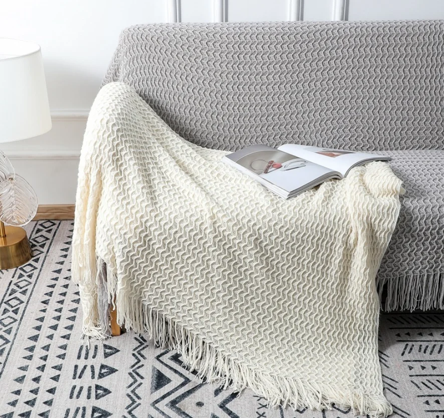 White 100%Cotton polyester Knitted sofa towel Throw sofa blanket Soft Cozy Woven for sofa