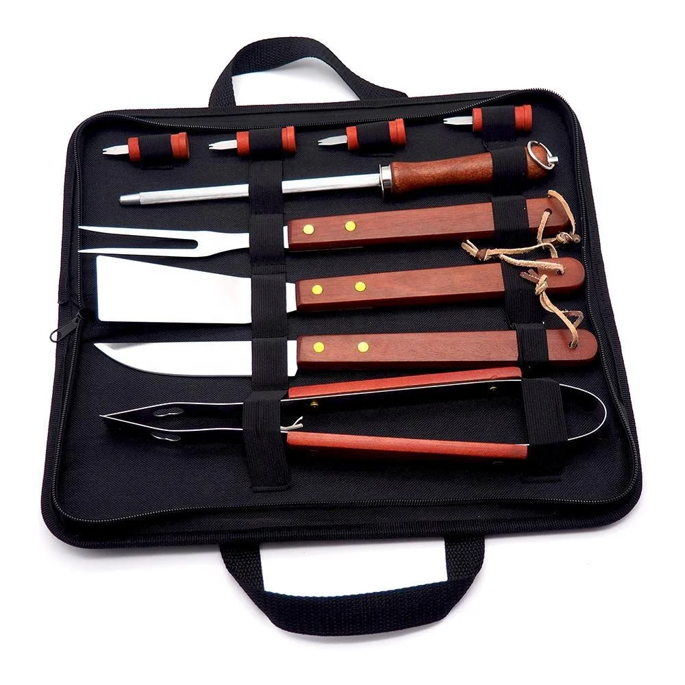 Outdoor Portable  10PCS  Wooden Handle Cookware BBQ Tool Set With Carry Bag For BBQ Kit Corn Holder