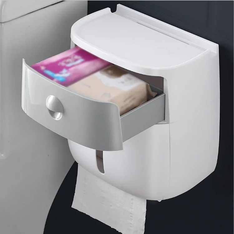 Home Wall Mounted Plastic Tissue Dispenser Kitchen Bathroom Toilet Roll Paper Towel Holder with Tissue Box Shelf and Cover