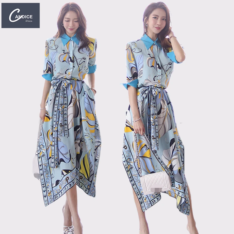 Candice 2023 spring temperament color matching shirt collar waist tie print irregular hem dress korean style