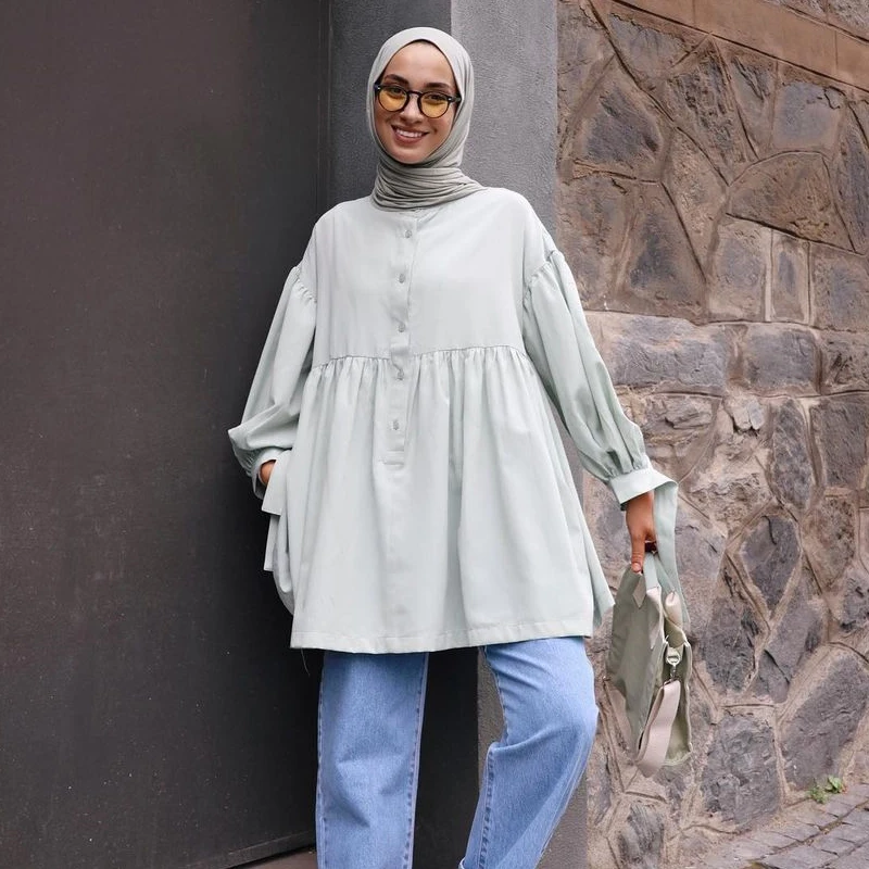 Dubai Islamic Middle East Mandarin Collar Long Sleeves Button Front Solid Shirt Blouse Tunic For Muslim Women