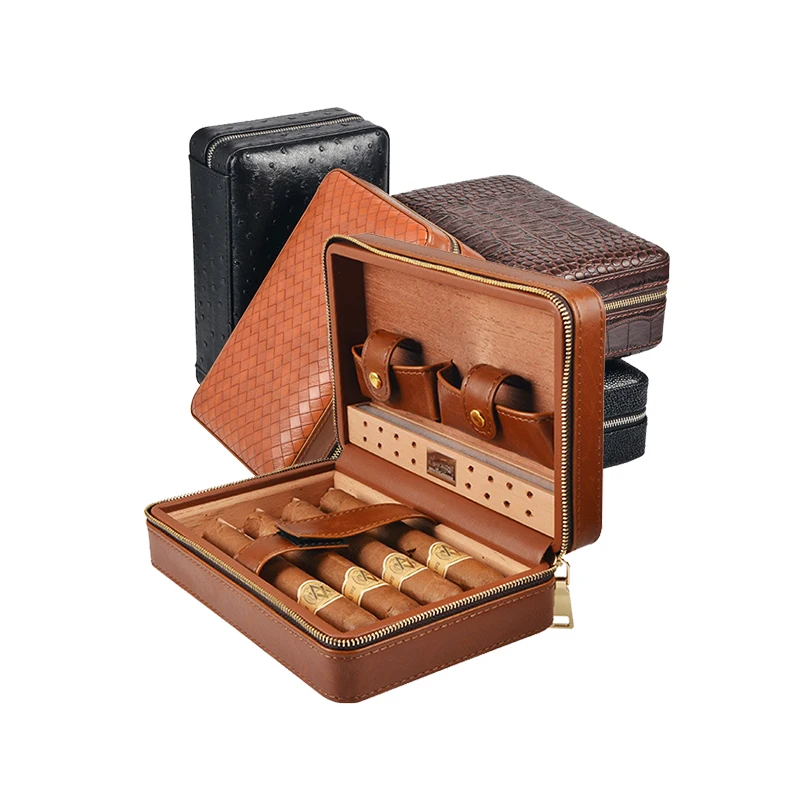 
Wholesale Small Portable Solid Cigar Box Bag Cedar Cigar Case Humidor Travel Leather 