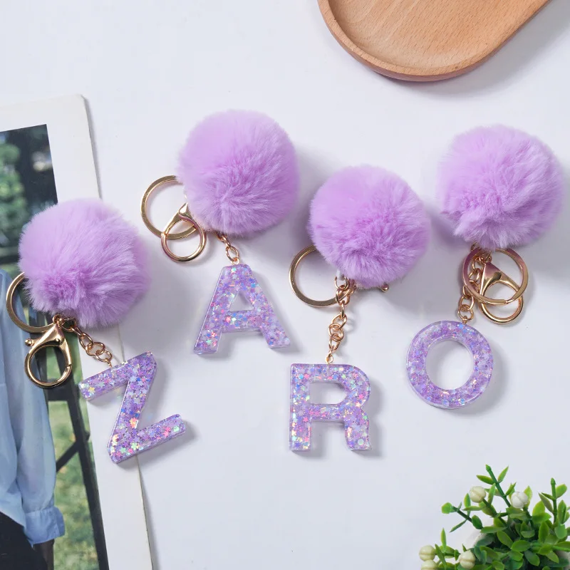 Soft Pom Pom Balls Keychain Fashion Letter Acrylic Keyrings Bag Decoration Car Key Accessories Anti-Lost Key Chain Custom Logo