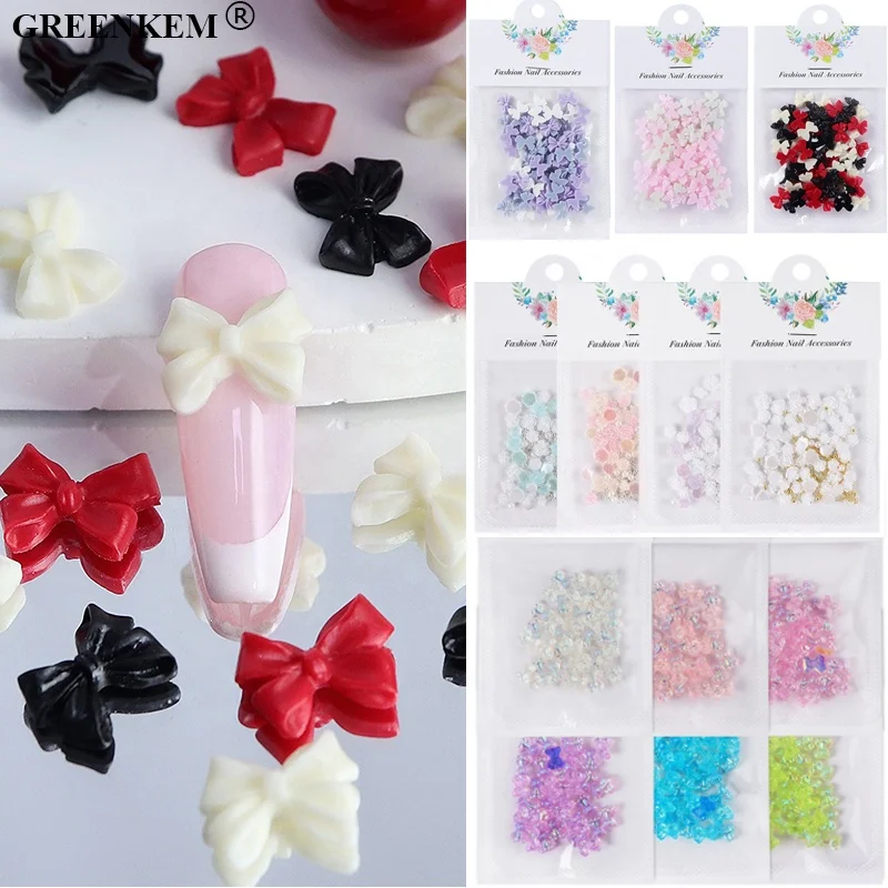 50pcs bag New Mix color Nail Bow Charms Flower Bear Bow Nail Decorations Accessories Beautiful Girl Bow Tie Nail Art Charms