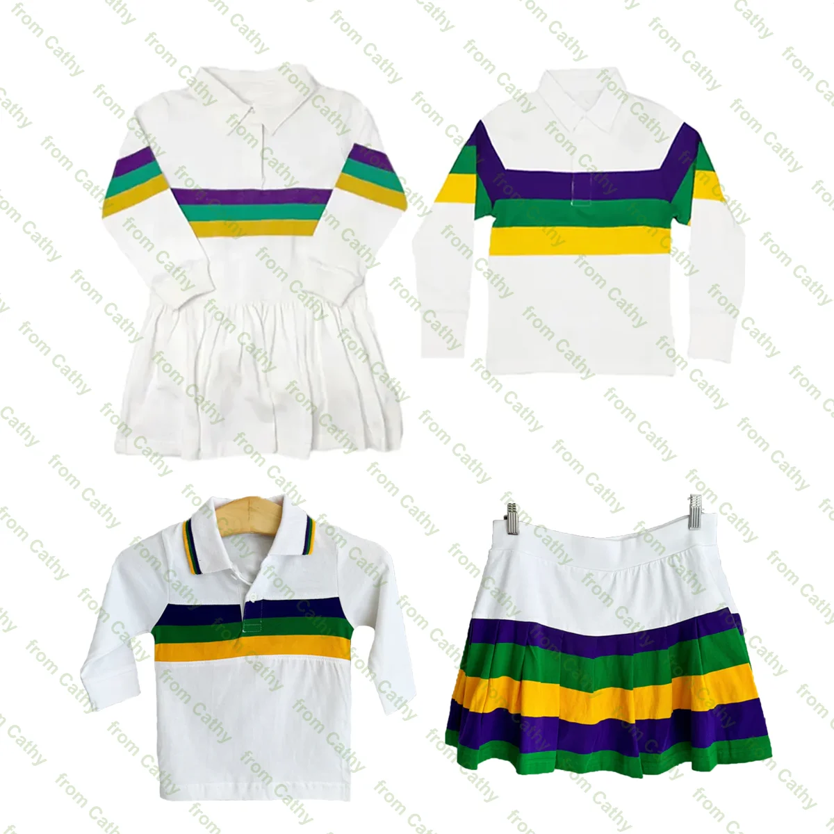 Mardi gras white dress and polo shirt set for kids boys girls Carnival cotton long sleeve pleated skirt for kids girls