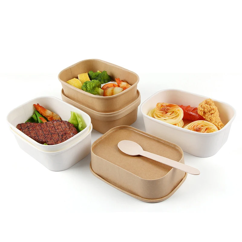 High Quality Eco-friendly Rectangle Paper Food Container 750ml White Kraft Paper rectangular Paper Bowl With PP PET Plastic Lid
