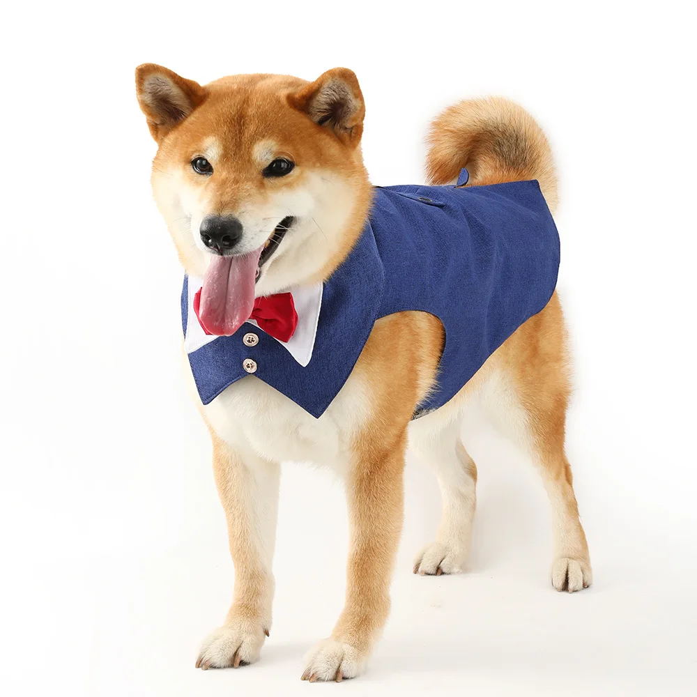 Wholesale Four-Color Linen Dog Suit Waistcoat Dress New Cross-Border Pet Tuxedo with Saliva Towel Two-Piece Clothing
