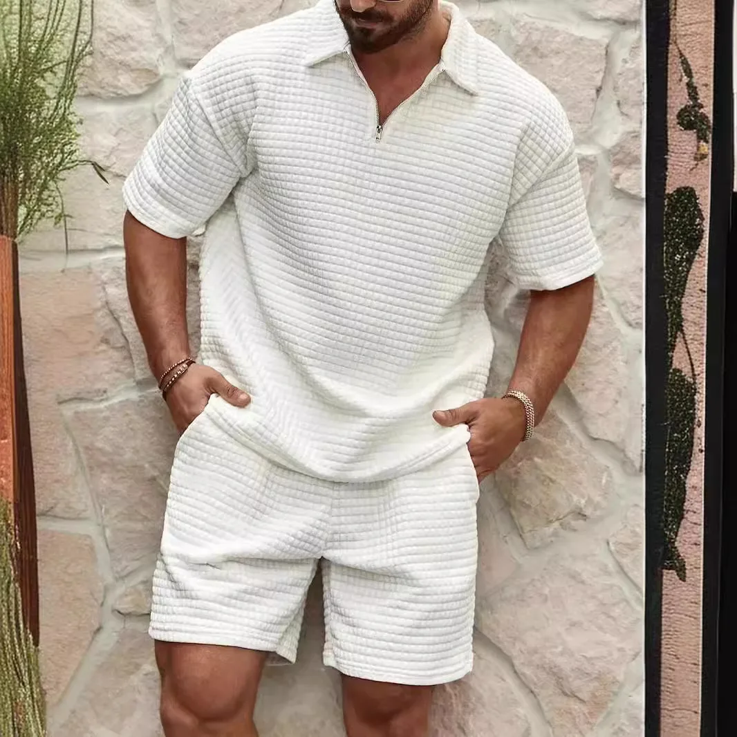 New Trends Summer Men S Casual Trend Comfortable Waffle Solid Color Polo Sports Suit