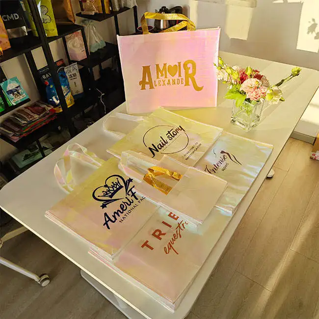 Custom Printed Luxury Metallic Foil Laminated Non Woven Gift Tote Pink Iridescent Glitter Reusable Shopping Bags With Logo