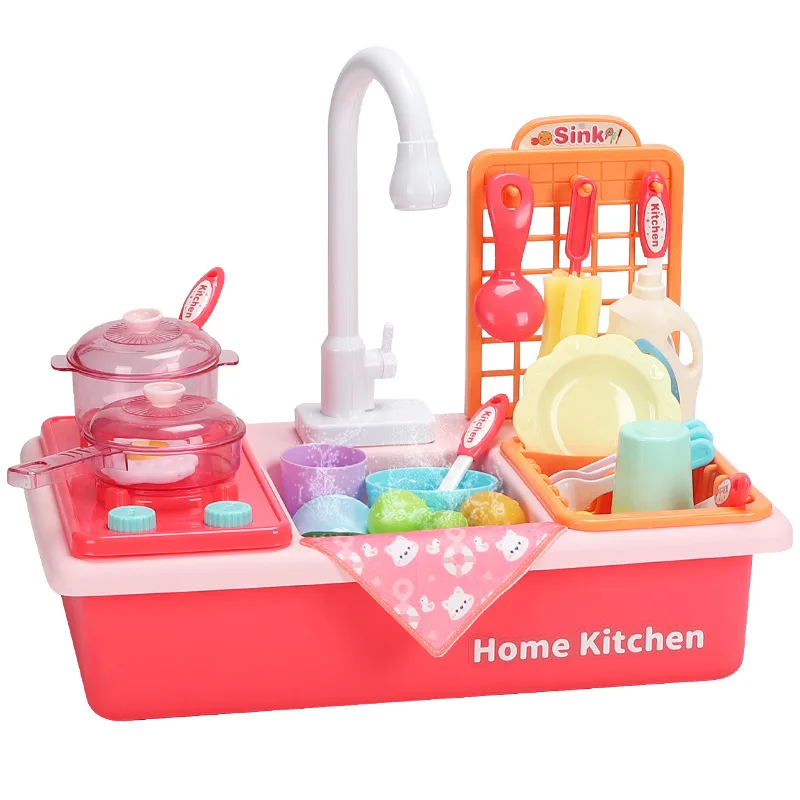 kids toddlers Kitchen Pretend Role Play Sink Toys with Running Water Electronic Dishwasher with Cooking Stove Accessories