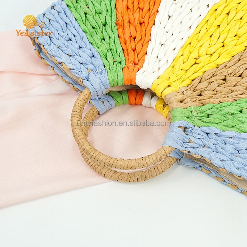 Custom Handmade Summer Fashion Knitted Beach Stripe Tote Large Color Straw Bag Crochet