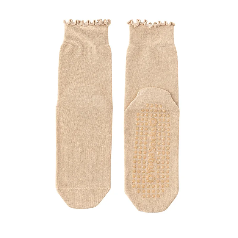 Hot sale solid color non-slip yoga socks fitness wooden ear lace cotton socks women Pilates socks
