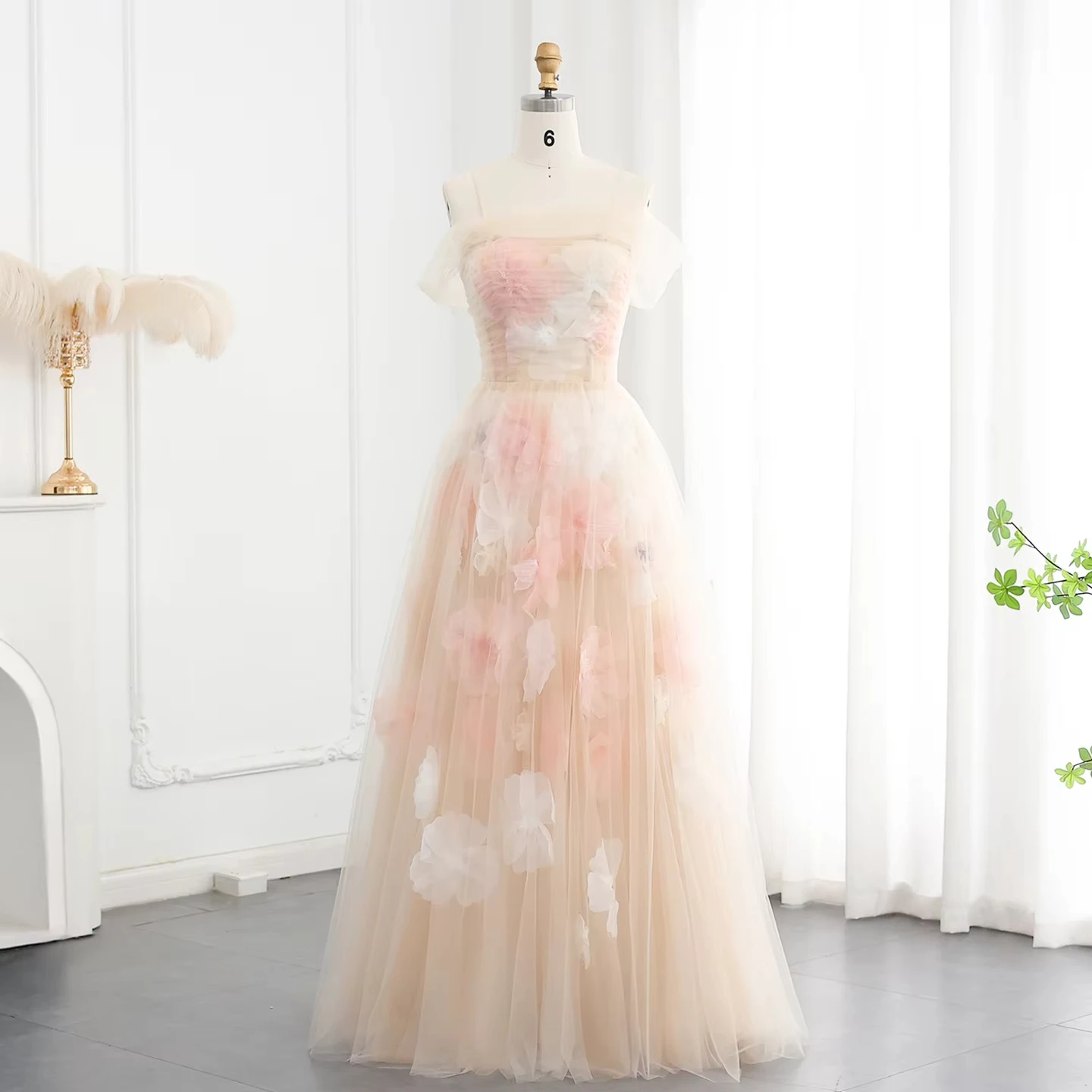 Elegant Off Shoulder Pink 3D Flowers Champagne Evening Dress With Straps Arabic Long Women Wedding Party Gowns Lsz321