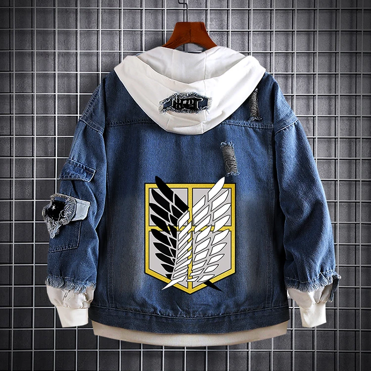 Attack on Titan Hooded Jacket Anime Print Denim Jacket Wholesale Blue Denim Jacket