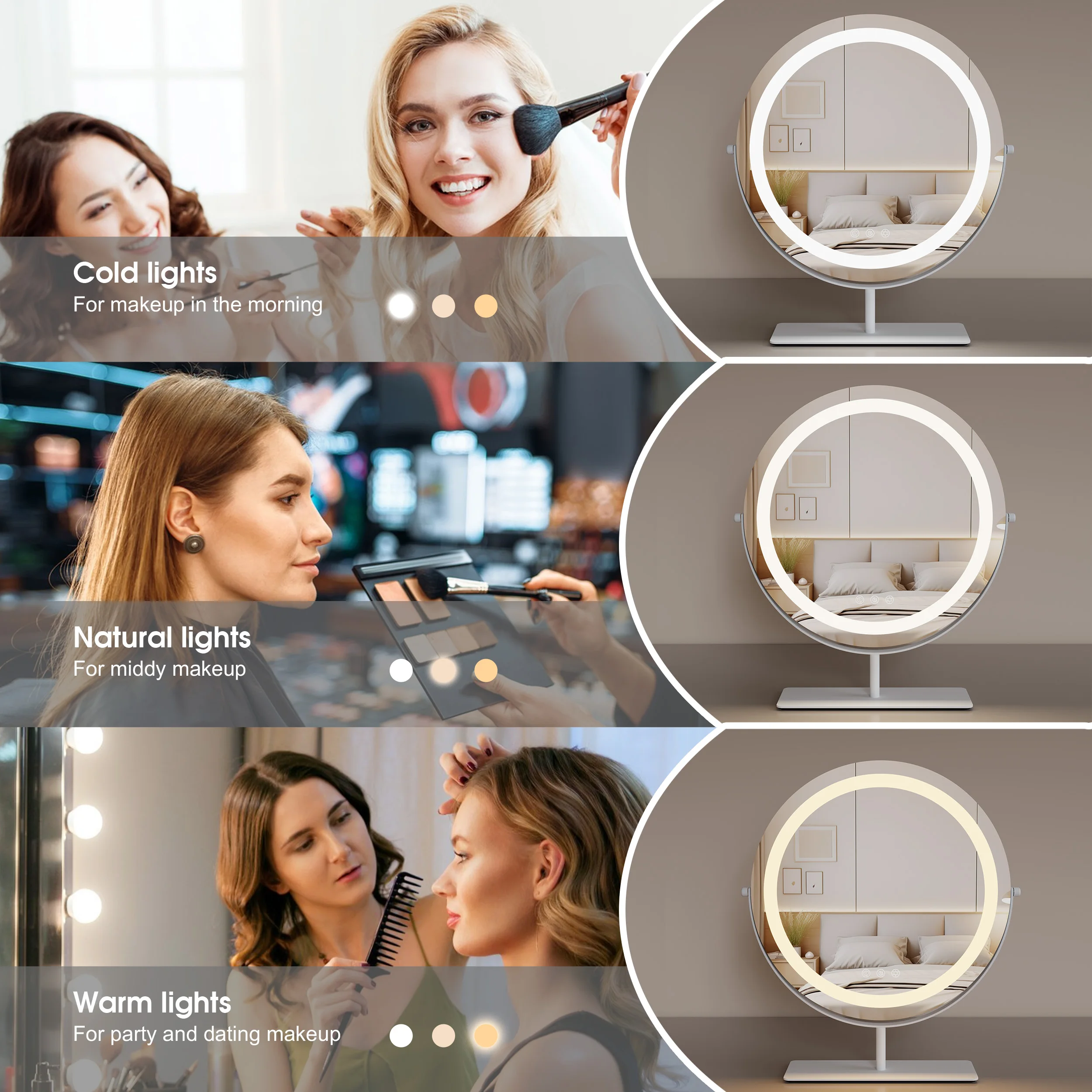 Custom Touch 3 Color Light Make Up Round Table Vanity Mirror With Led Lights Smart Makeup Tabletop Desktop Cosmetic Mirror