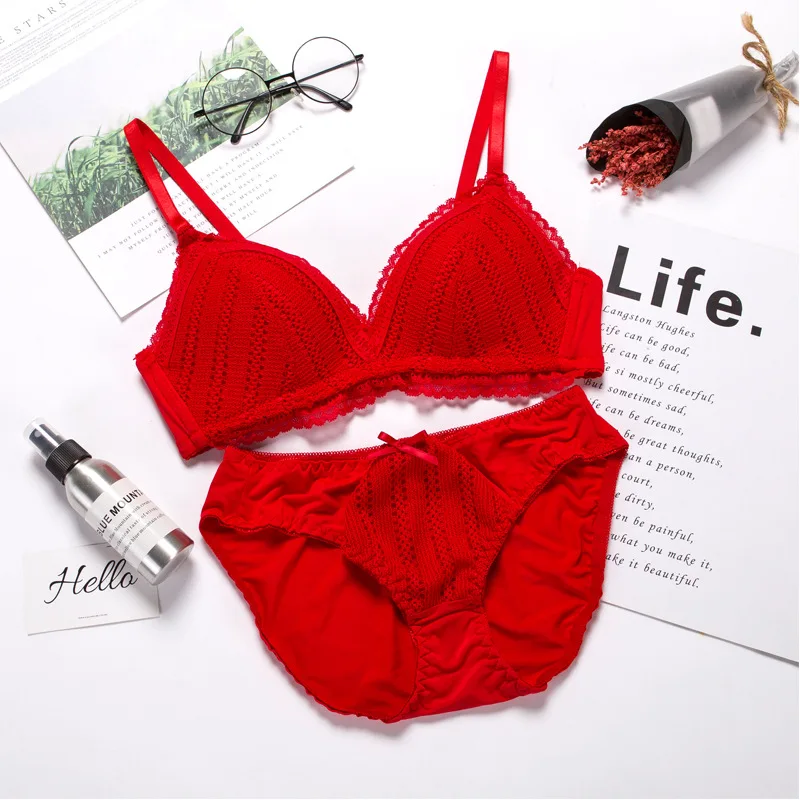 Triangle Cup Lace Women Underwear Thin Bra Push Up Soft Underwear and Panty Bra Set Without Rim Gather Brassiere