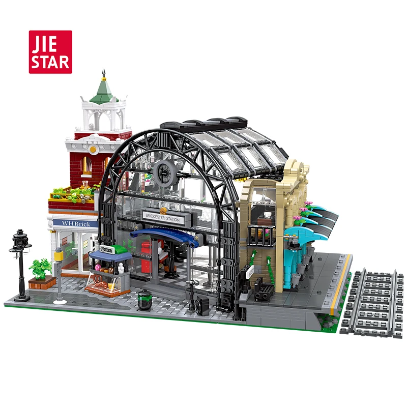 JIESTAR Toys Light Up Medieval City Train Station Railway Station Building Kit 2720 Pcs Moc Street View House Building Block Set