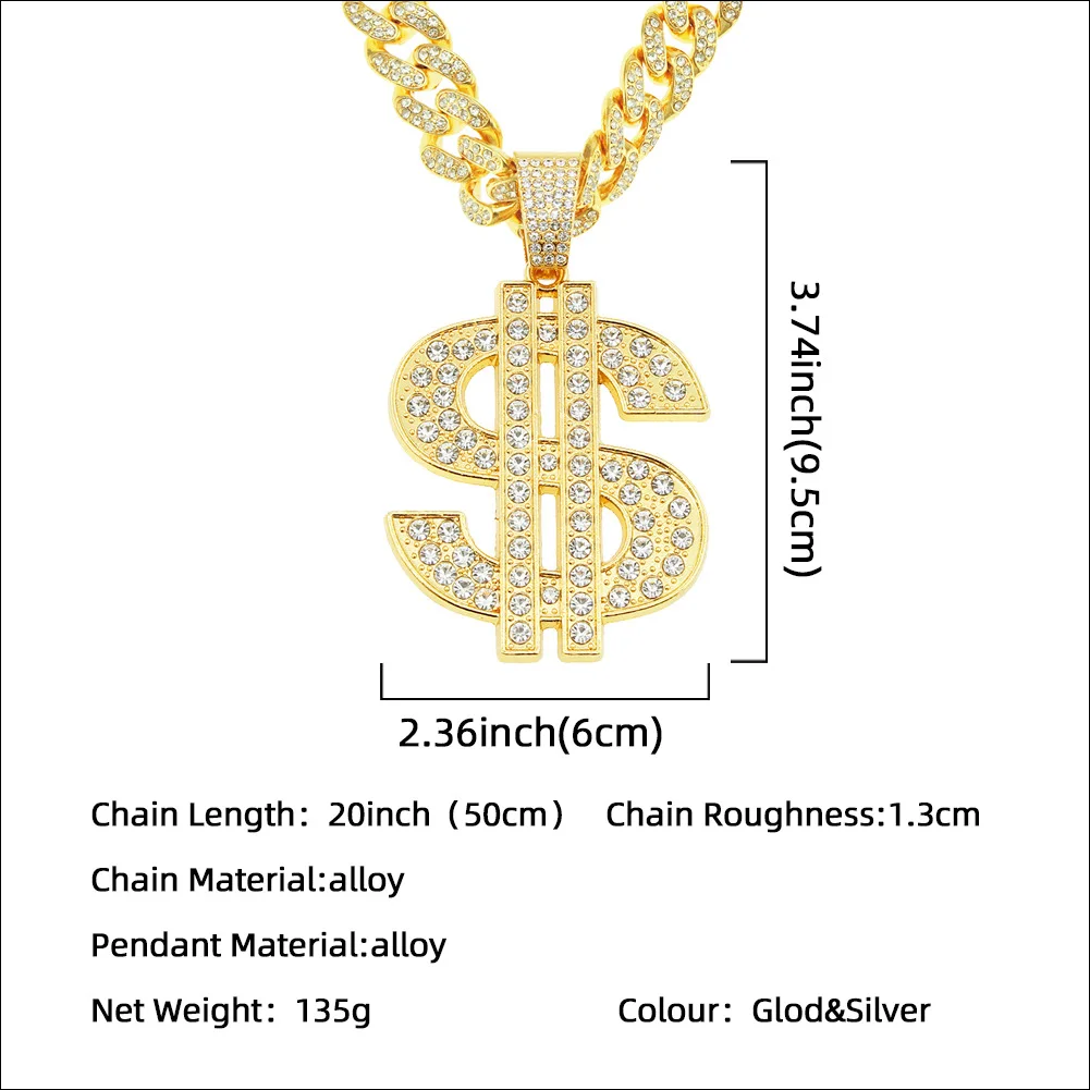 New Design Gold Color US Dollar Shape Pendant HipHop Necklace for Women/Men Bling Jewelry