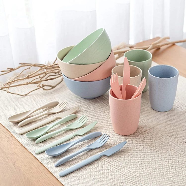 Hot Sale Reusable Wheat Straw Dinnerware Sets 28pcs Tableware Wheat Straw Kid Wheat Straw Dinnerware Set