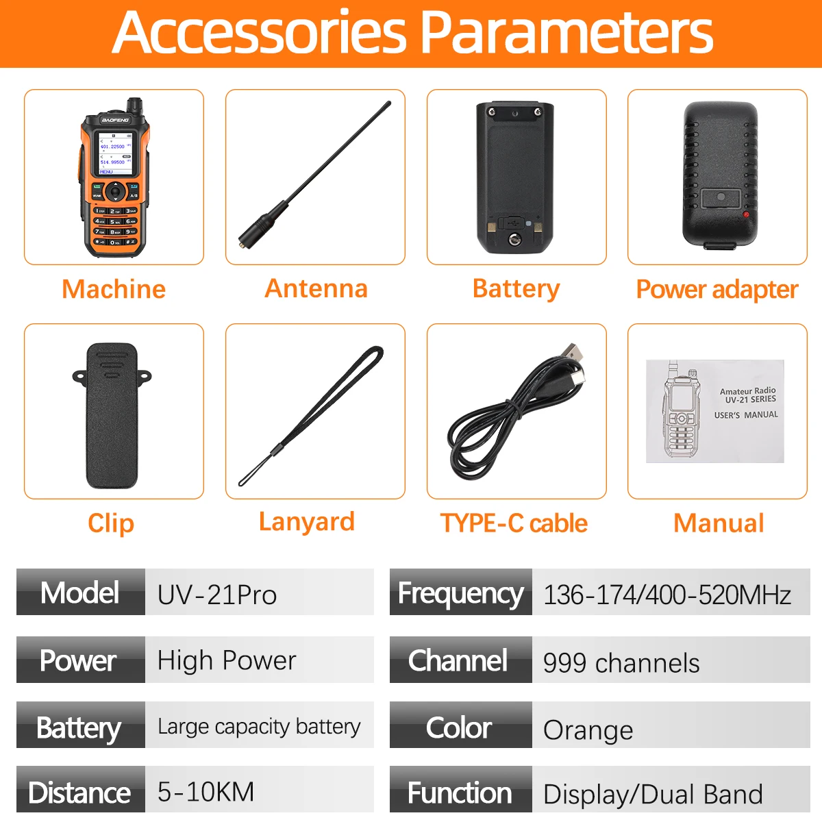 Baofeng UV-21 PRO Walkie Talkie Support Type-C Charger Dual Band UHF VHF Long Range Transmitter Two Way Radio Upgrade UV-5R