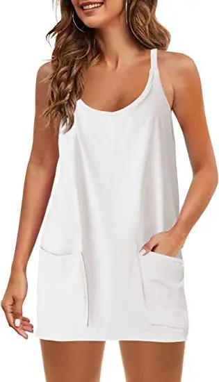 Womens Athletic Sleeveless Mini Dress with Built-in Shorts V Neck Spaghetti Strap Sundress