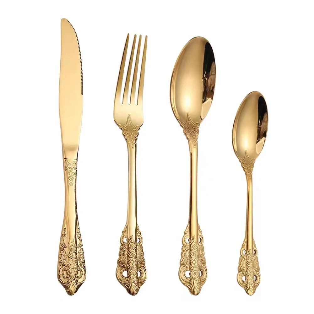 Luxury Retro Relief Stainless Steel Cutlery Sets Golden Knife Fork Spoon Wedding Steak Tableware
