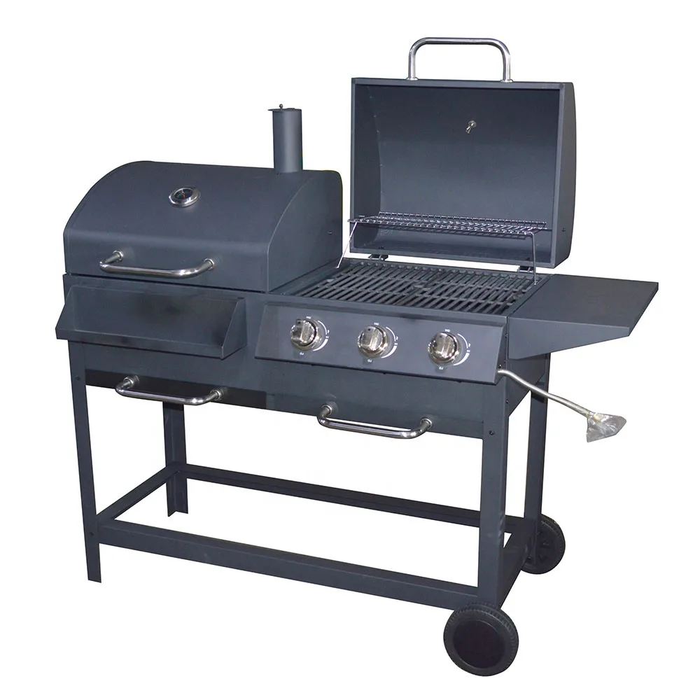 Double Barbecue Cooking Side Outdoor Charcoal Gas Combo Hybrid Bbq Grill Piezoelectric Ignition 3 Burner Gas Grill With Smoker