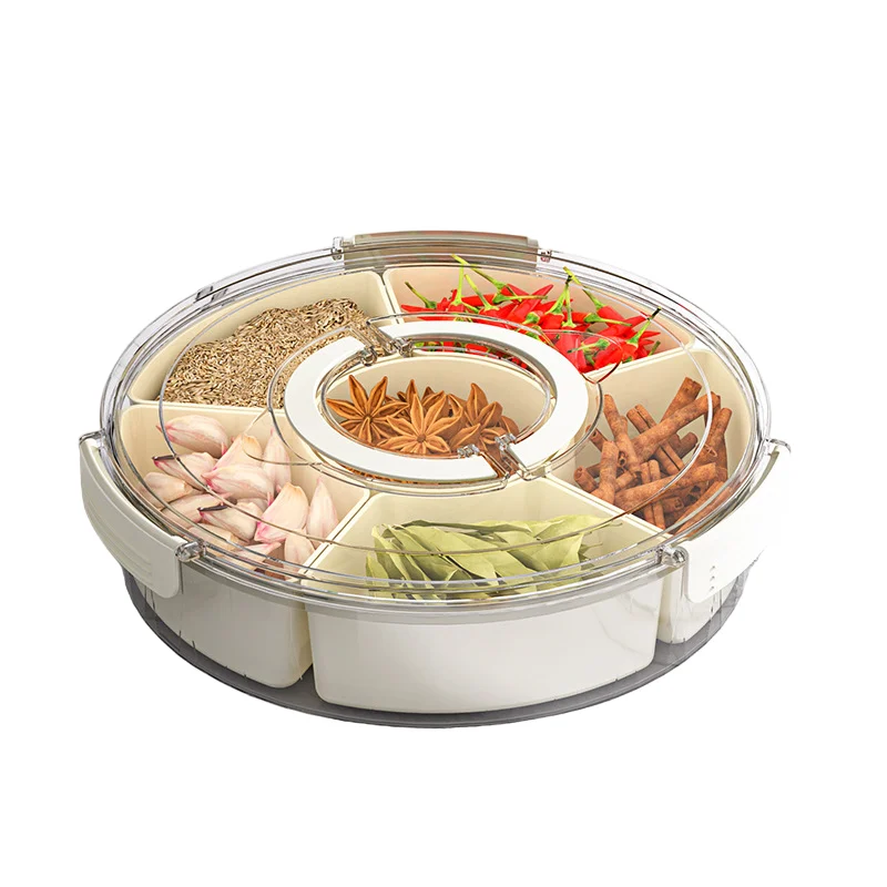 Round Divided Veggie Serving Tray With Lid And Handle Portable 6 Compartment Fresh Keeping Food Storage Snack Box Container