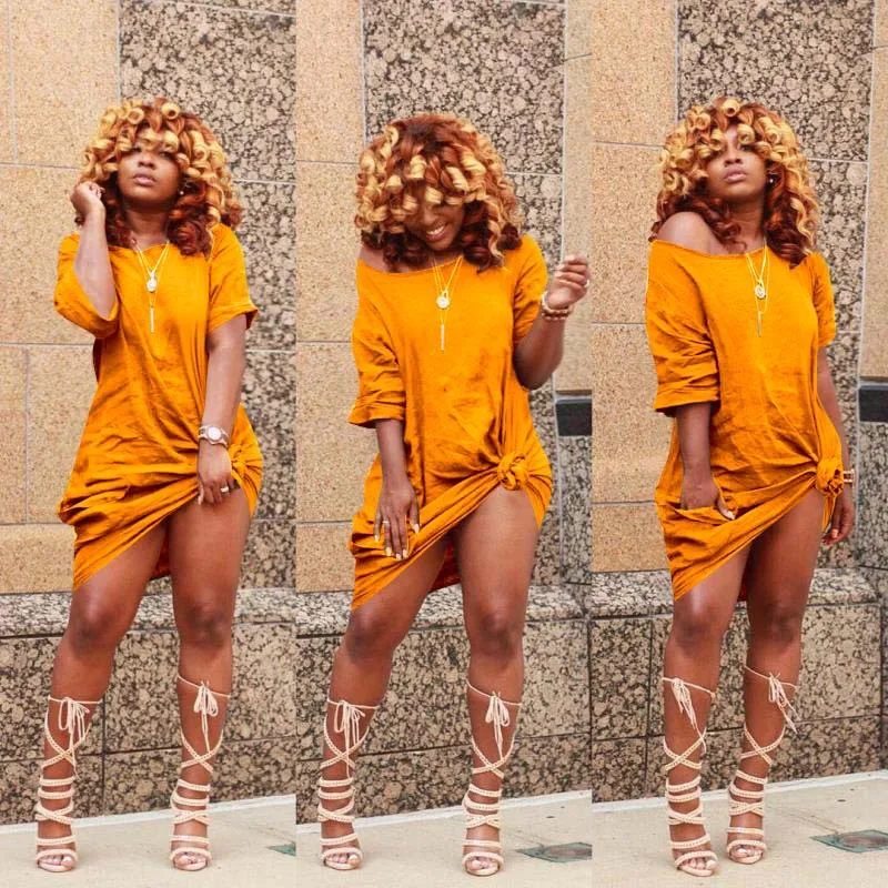 Custom 2022 Summer Women Pure Color Cold Shoulder Short Sleeve Casual T Shirt Dress Women Clothes