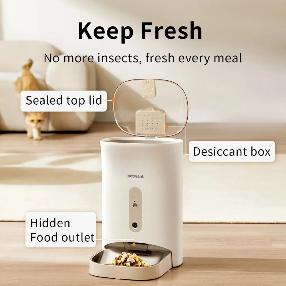 Petwant 4.5L Smart Programable Dog Cat Dry Food Dispenser Camera APP Remote Timed Stainless Steel Bowl Automatic Pet Feeder