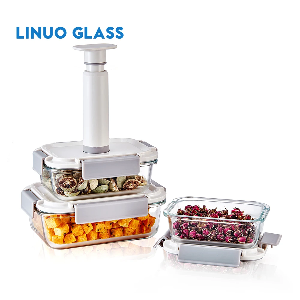 LINUO custom logo kitchen keep fresh meal prep box refrigerator food vacuum seal glass container pump for vacuum food