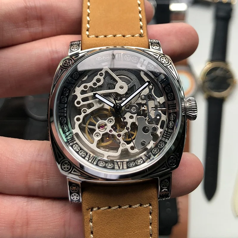 RTS no moq stainless steel retro punk black carving pattern skeleton seagull st1646 mechanical automatic movement watch man