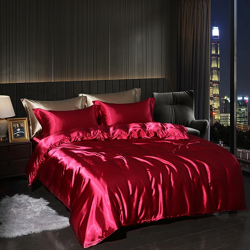 Wholesale Luxury 100% Silk Satin Bedding Set Solid Color 4Pcs Hotsale-Includes Bed Sheet and Pillow Case