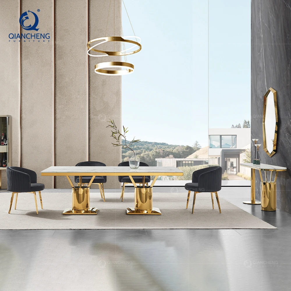 Foshan luxury high end design furniture house dinning room set natural cave stone marble dining table with chair genuine leather