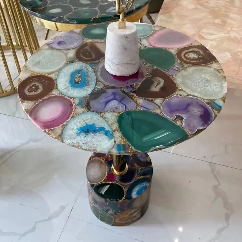 Semi Precious Stone Side Tables For Living Room Modern Multicolor Agate Onyx Marble Coffee Table