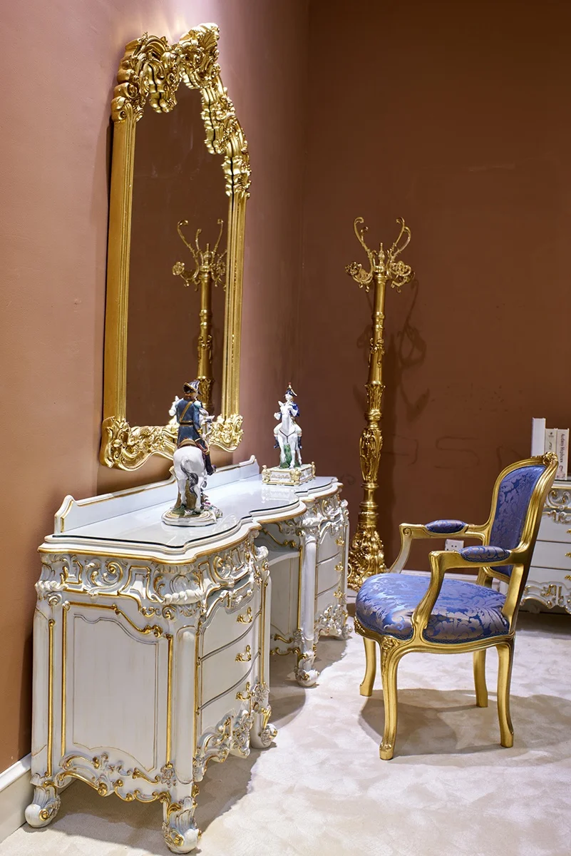 Royal luxury designs wooden french cream white rococo bedroom