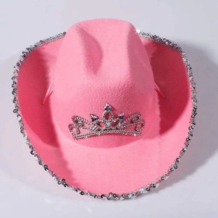 Country Western Pink Cowboy Hat - Pink Sequin Cowgirl Princess Hat with Crown Tiara Design For Women Kids Party Dress H1008