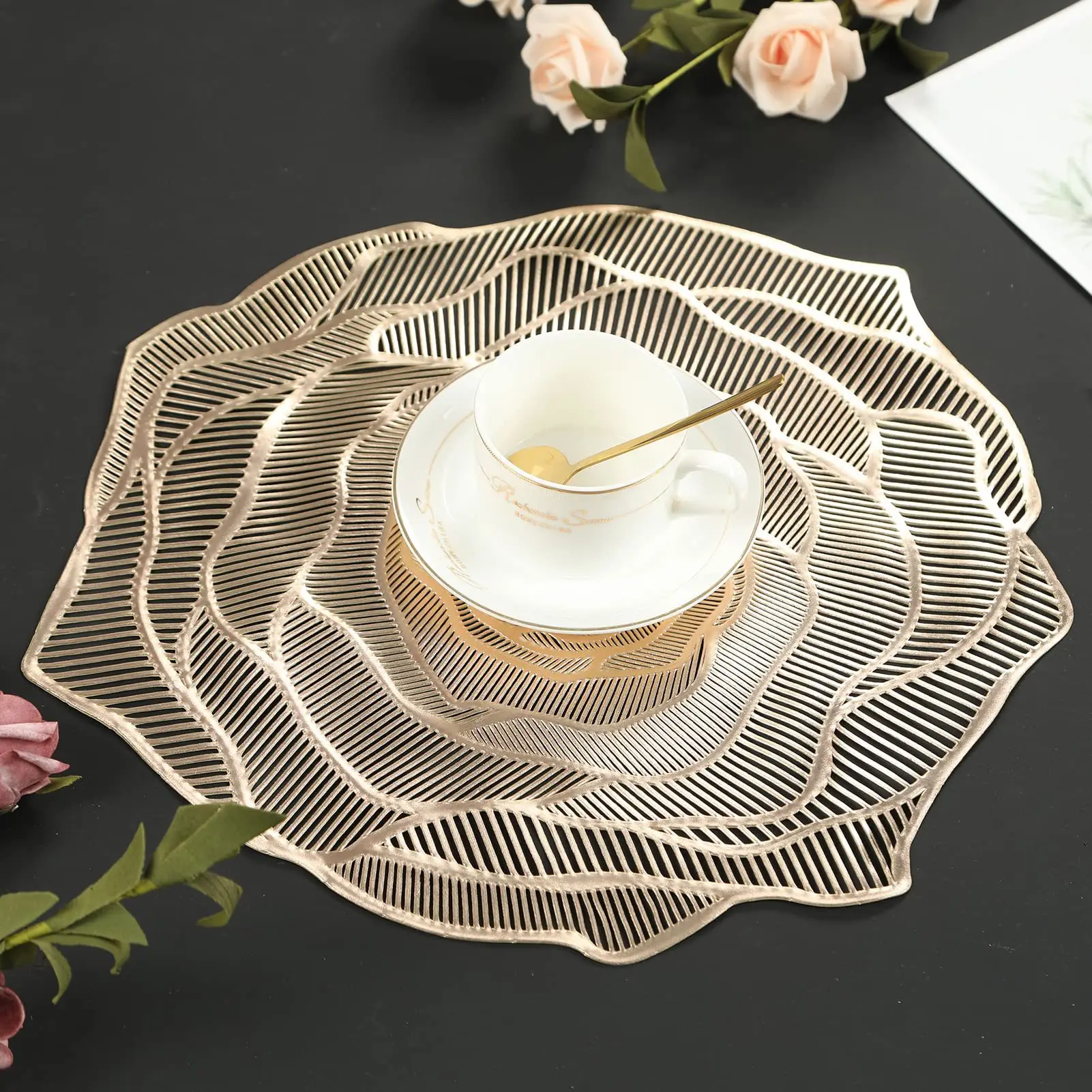 Round Gold Placemats Rose Flower Pressed Vinyl Place Mats Elegant Tablemats Kitchen Table Setting for Table Decorative