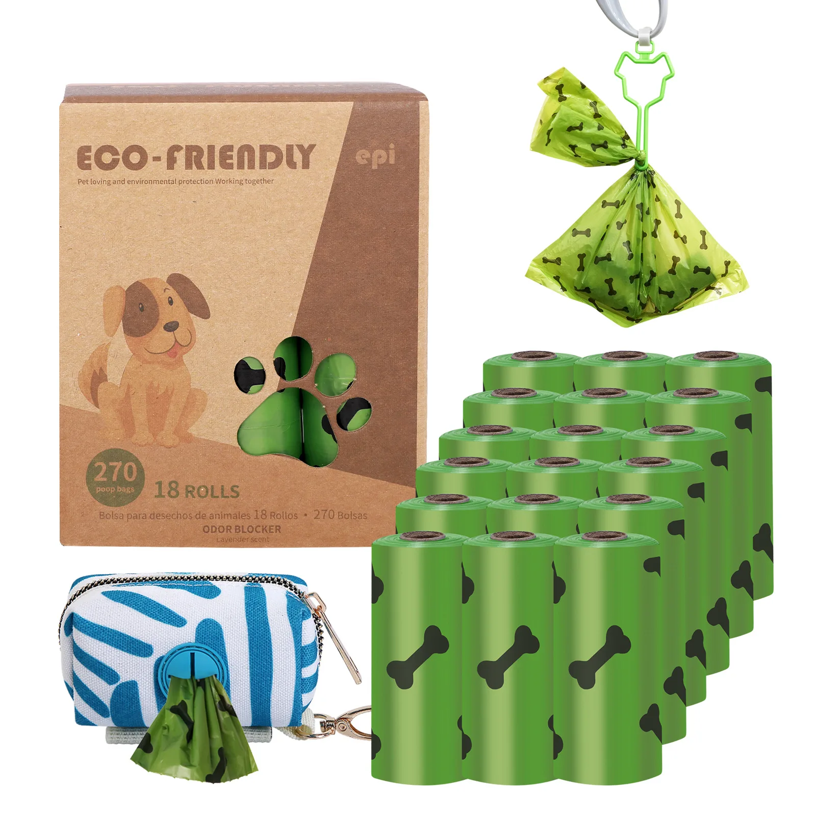 Custom Low Selling Prices Eco Friendly Biodegradable Dog Poop Bag 18 Rolls By The Box with Dispenser and Clip Dog Poop Bag