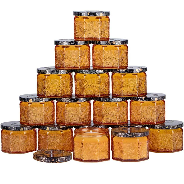 Religious Eco-Friendly 120ml 4oz amber octagonal embossed candle cup amber embossed glass candle jar for soy wax