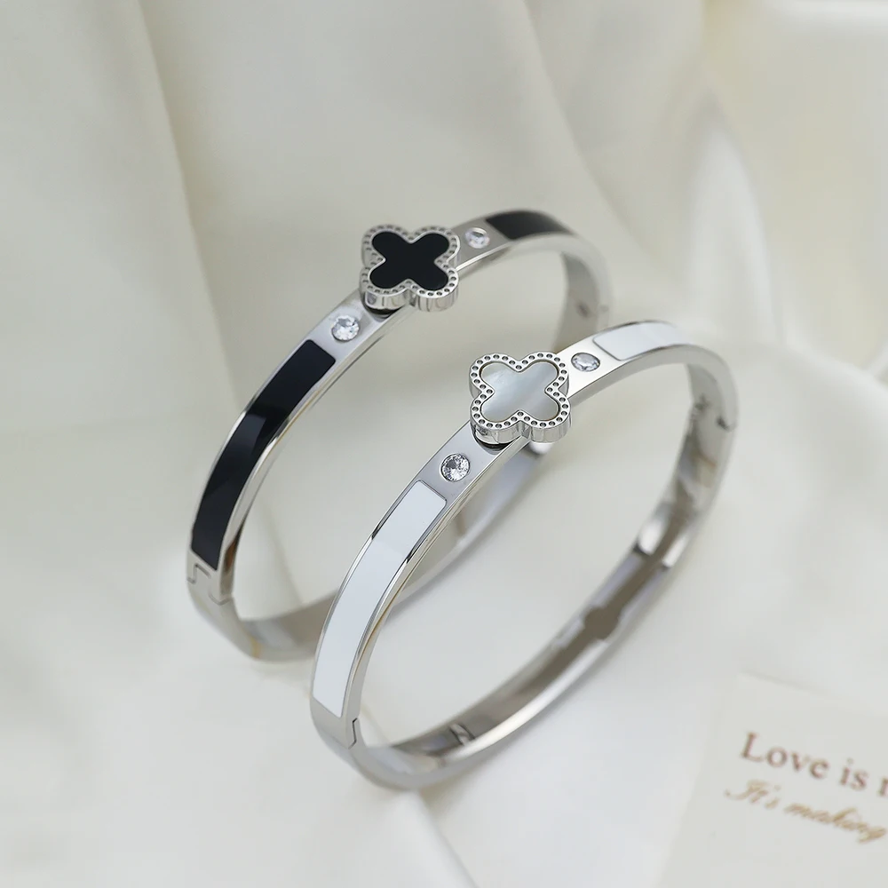 XIXI Acier Inoxydable 18K Gold Plated Stainless Steel Four Leaf Clover Enamel Zircon Women Fashion Jewelry Bracelet Bangle