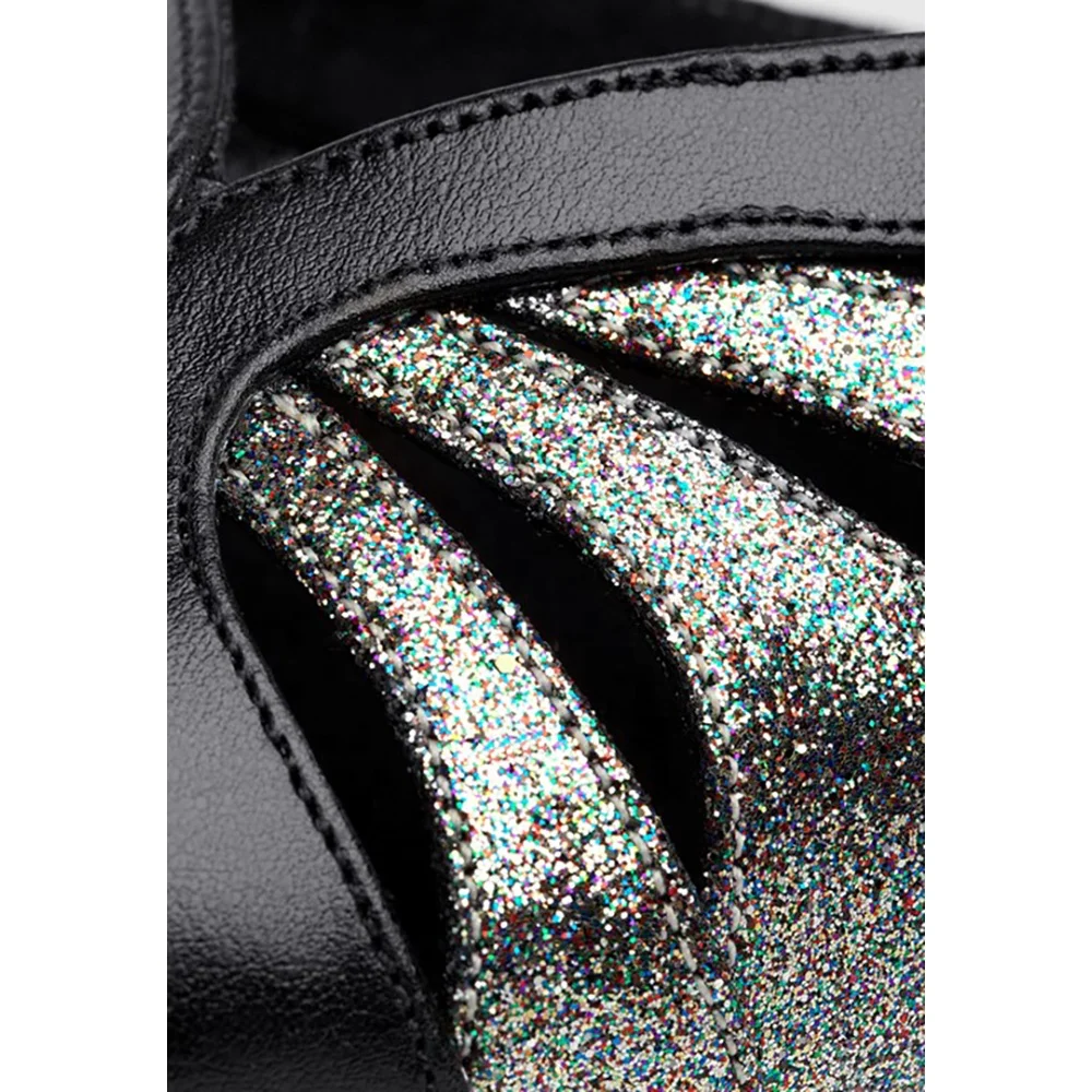 Latin Dance Women 6cm Heel Black Leather With Glitter Salsa Ballroom Shoes for Dancing New Arrival Size US