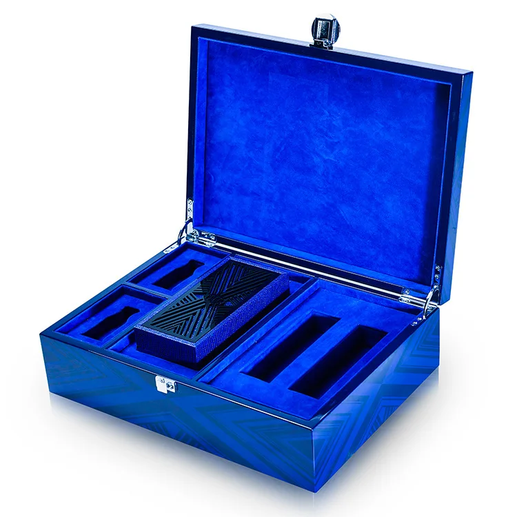 Custom High-End Piano Paint Blue Perfume Wooden Box Pure Eva Blue Flocking Perfume Essential Oil Flip Storage Box